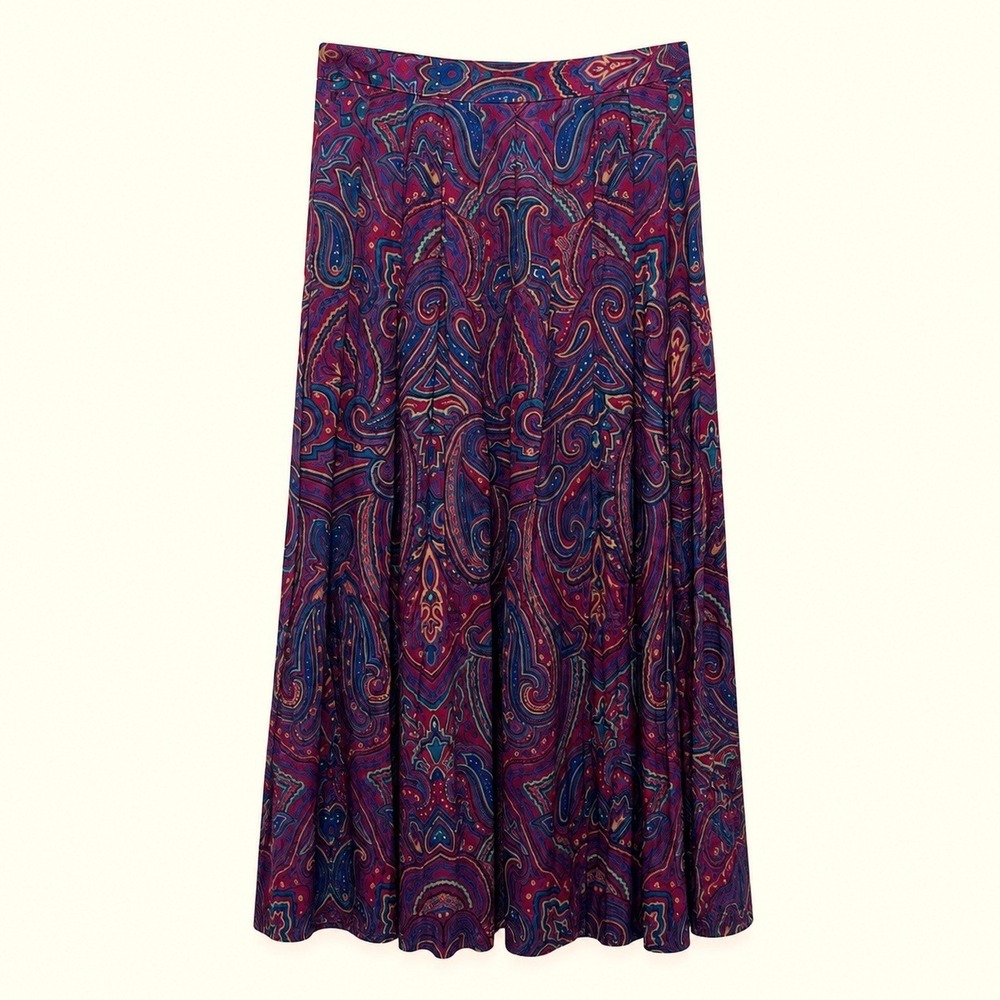 VTG 80s 90s Paisley Jewel Toned Midi Skirt Rayon Pleated Dark Academia Boho 12 M